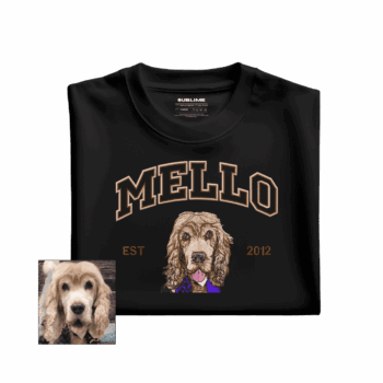 camiseta personalizada con retrato de mascota estilo college bordado negro