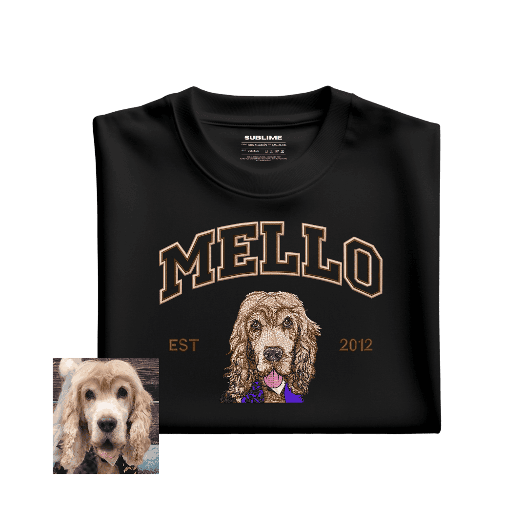 Camiseta Negro Retrato Macota (1) camiseta personalizada con retrato de mascota estilo college bordado negro