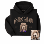 hoodie personalizada con retrato de mascota estilo college bordado negro