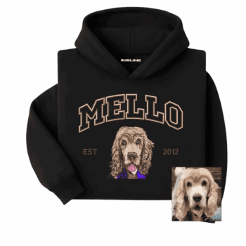 hoodie personalizada con retrato de mascota estilo college bordado negro